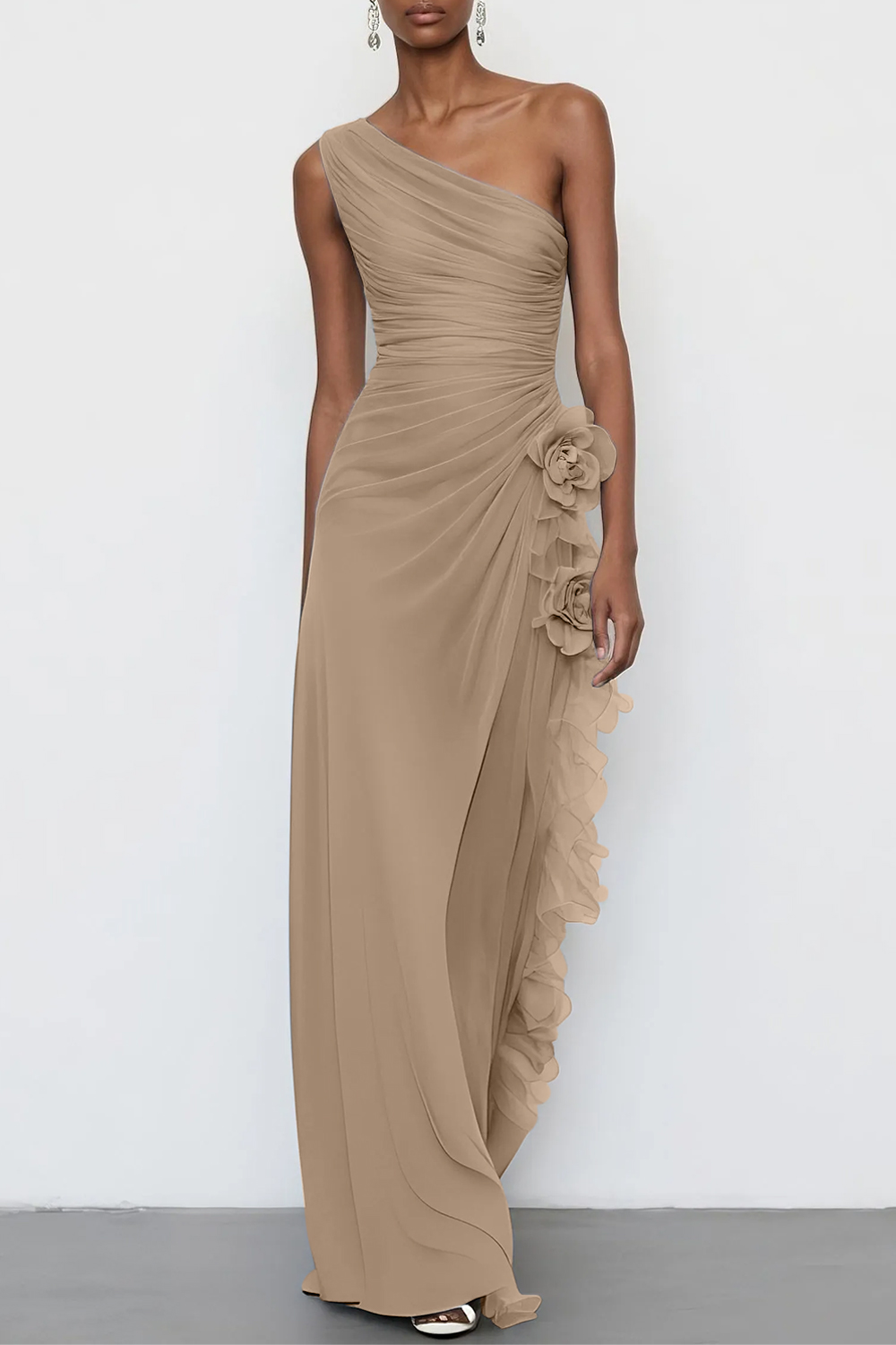 3D Floral Chiffon One Shoulder Sleeveless Sheath Maxi Dress