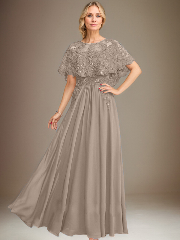 A-line Boat Neck Floor-Length Lace Chiffon Mother of the Bride Dress With Applique Sequins