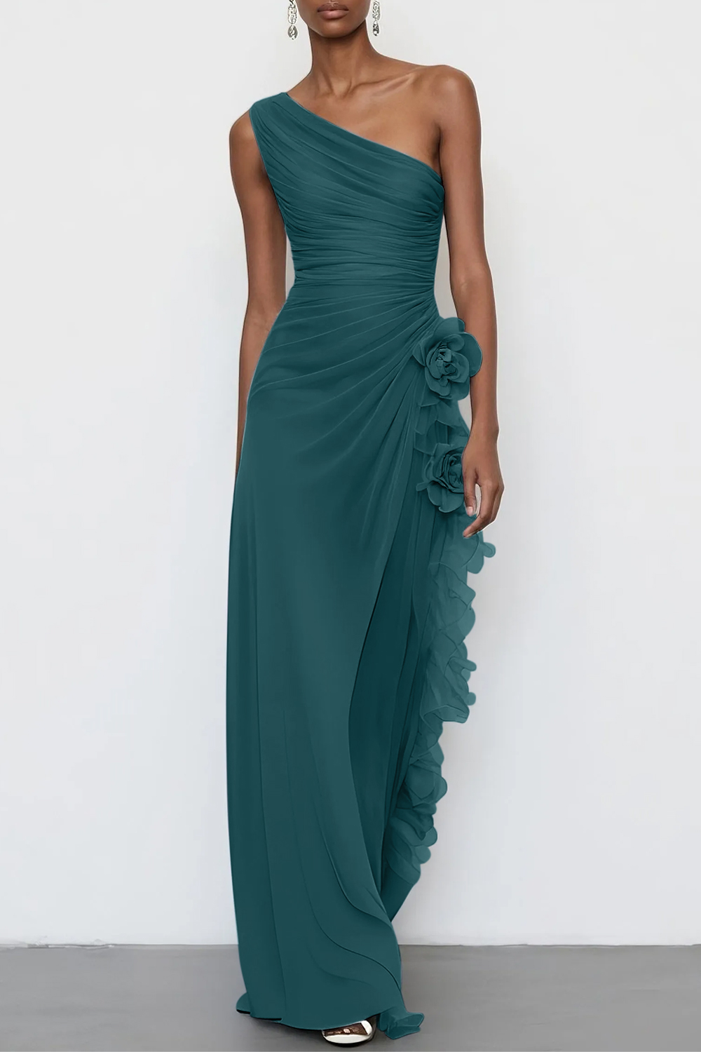 3D Floral Chiffon One Shoulder Sleeveless Sheath Maxi Dress