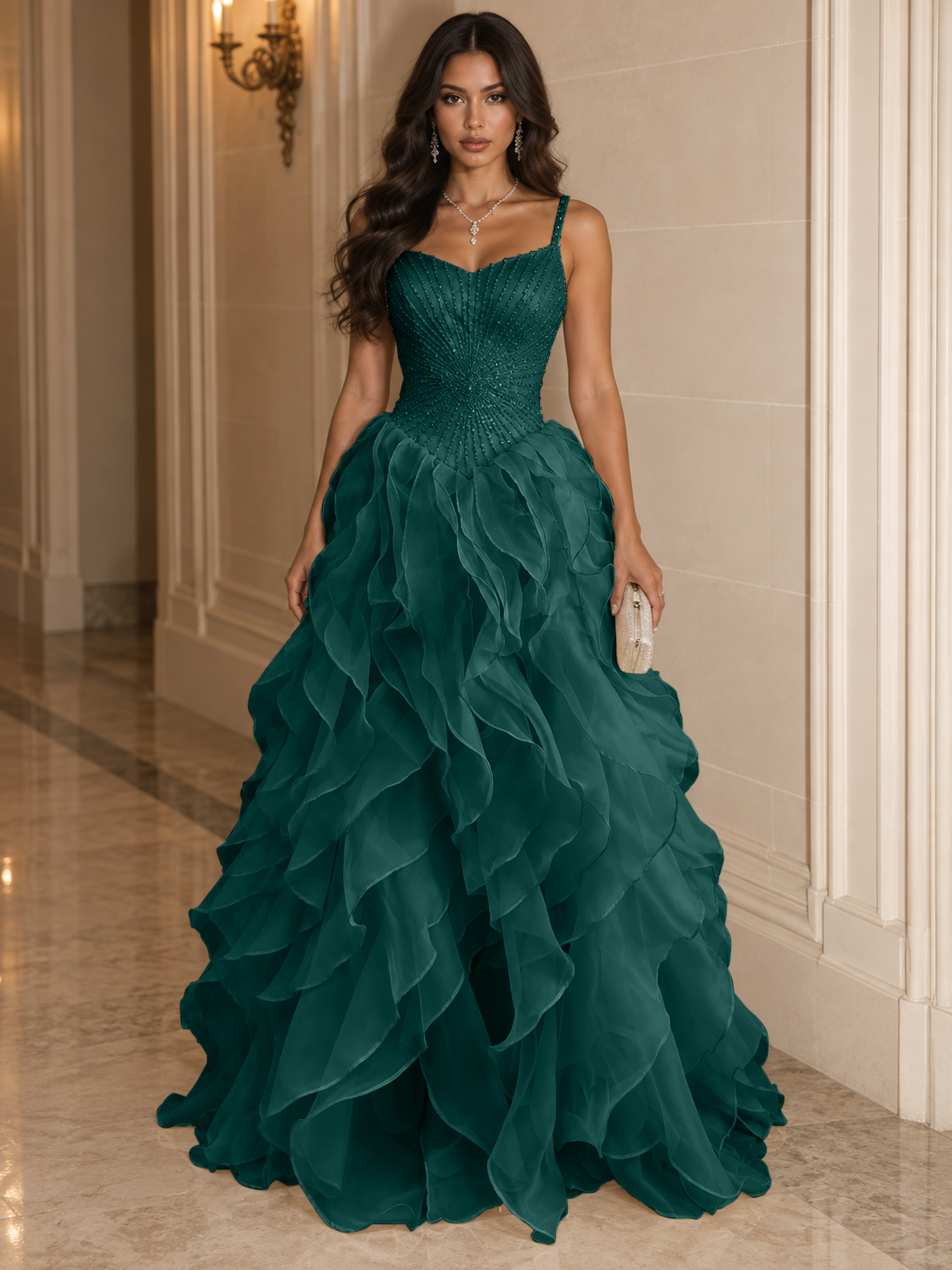 Spaghetti Straps Pleated Luxurious Maxi Evening Dresses with Beadings