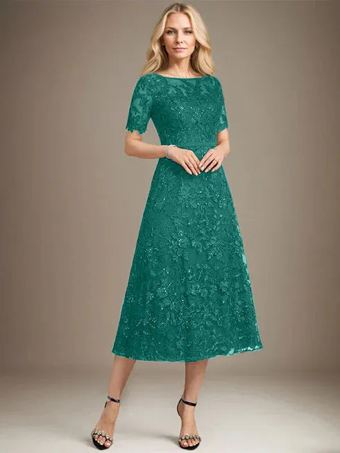 A-line Scoop Illusion Tea-Length Lace Mother of the Bride Dress With Sequins