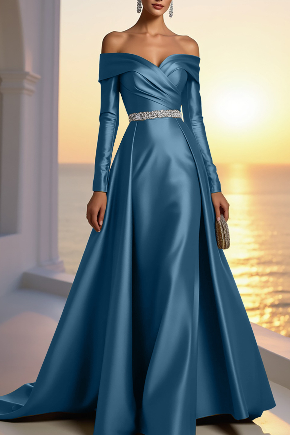 Formal Champagne Satin Dress Off The Shoulder Long Sleeve Maxi Gown