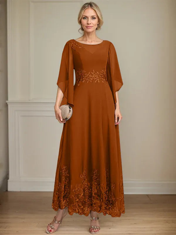 A-line Scoop Illusion Ankle-Length Lace Chiffon Mother of the Bride Dress With Sequins