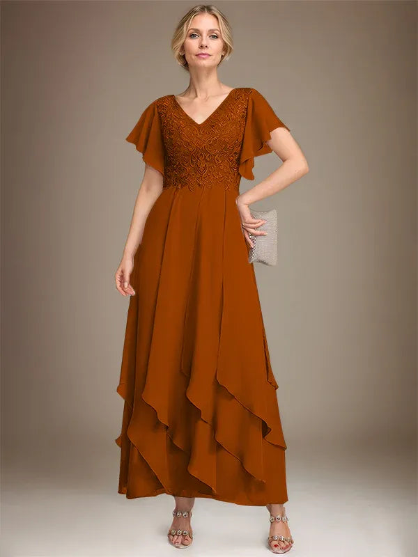 A-line V-Neck Ankle-Length Lace Chiffon Mother of the Bride Dress With Cascading Ruffles
