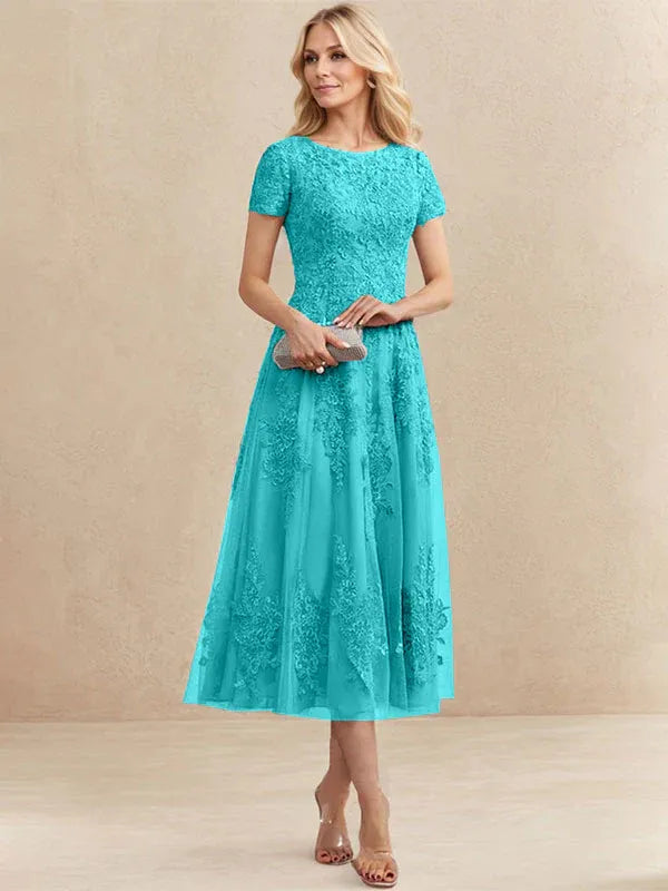 A-line Scoop Tea-Length Tulle Lace Mother of the Bride Dress