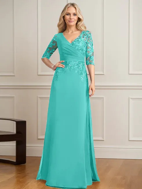 A-line V-Neck Floor-Length Lace Chiffon Mother of the Bride Dress With Pleated Sequins