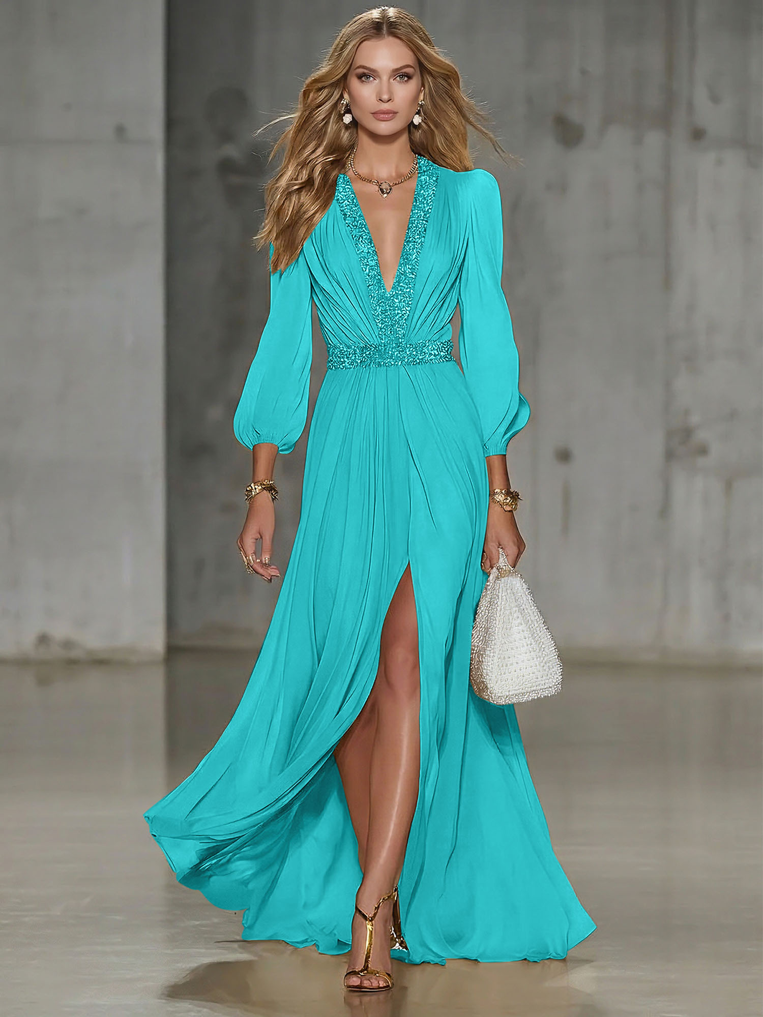 Elegant Beige Chiffon V-neck With Rhinestone Embellishments And A Side Slit Maxi Dress