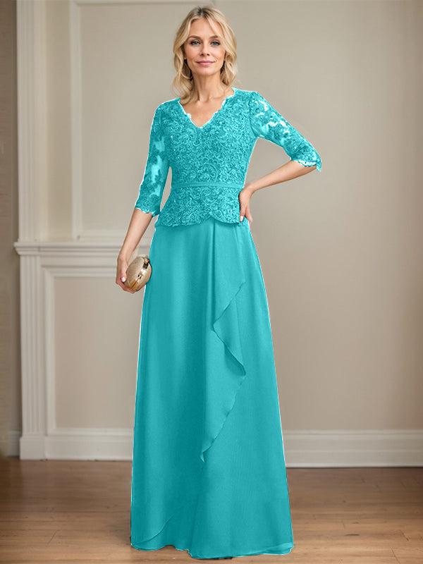 A-line V-Neck Floor-Length Lace Chiffon Mother of the Bride Dress With Cascading Ruffles Sequins
