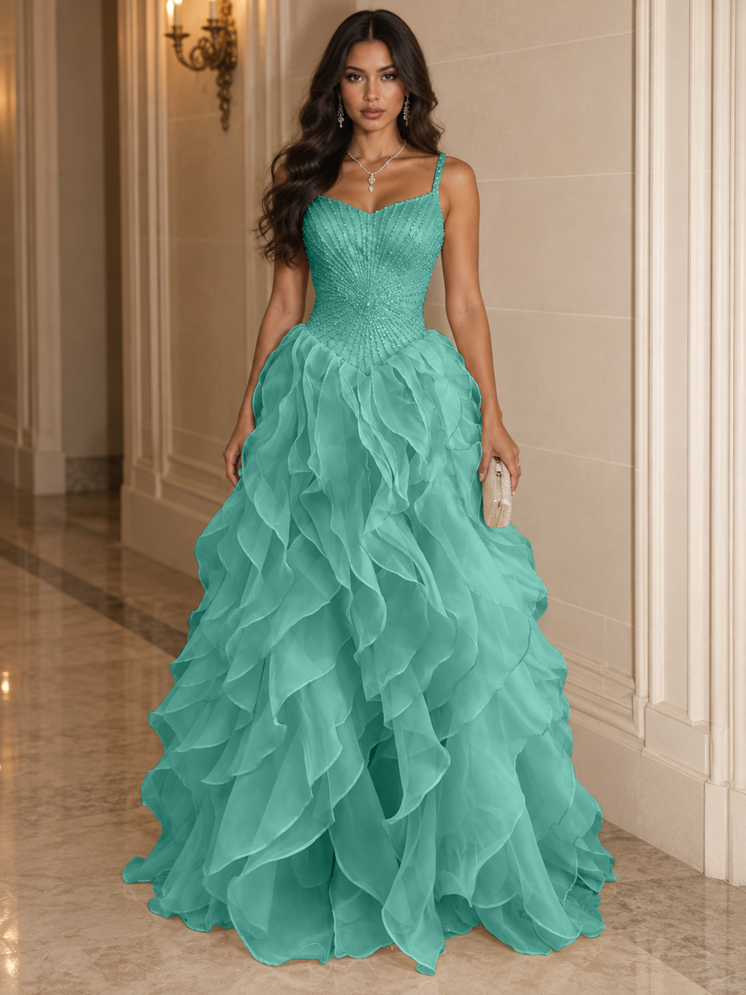 Spaghetti Straps Pleated Luxurious Maxi Evening Dresses with Beadings