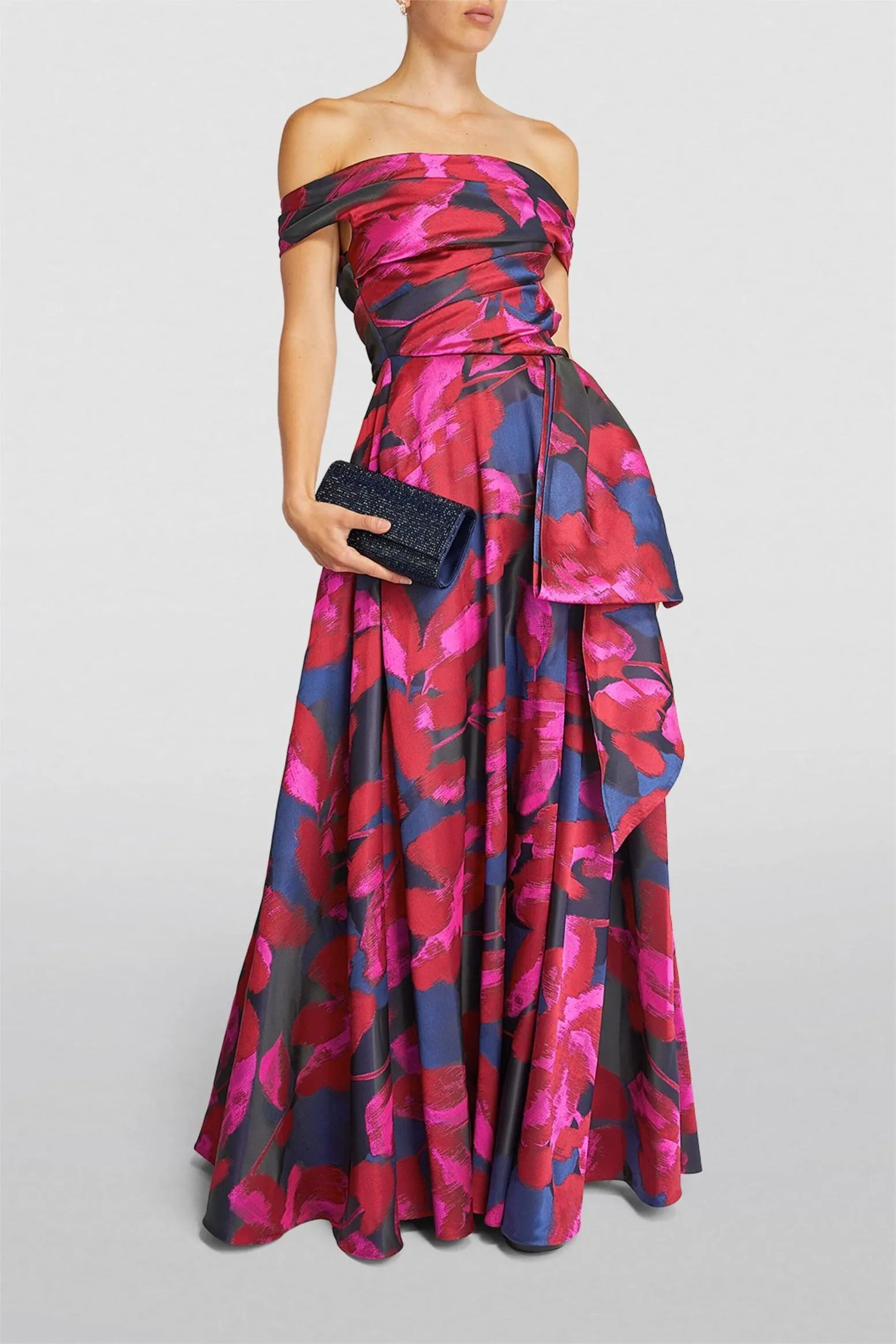 Floral Off-Shoulder Pleated Tapered Waist Gown