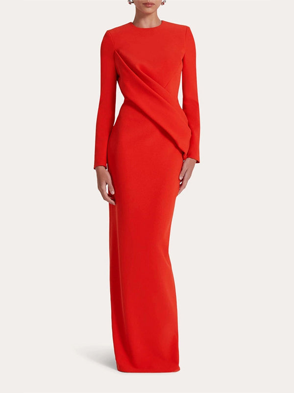 Red Sheath/Column Scoop Long Sleeves Chiffon Floor-Length Ruffles Formal Dress