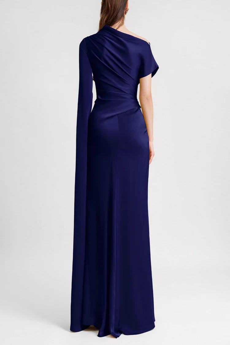 Satin Asymmetrical Neckline Draped Maxi Dress