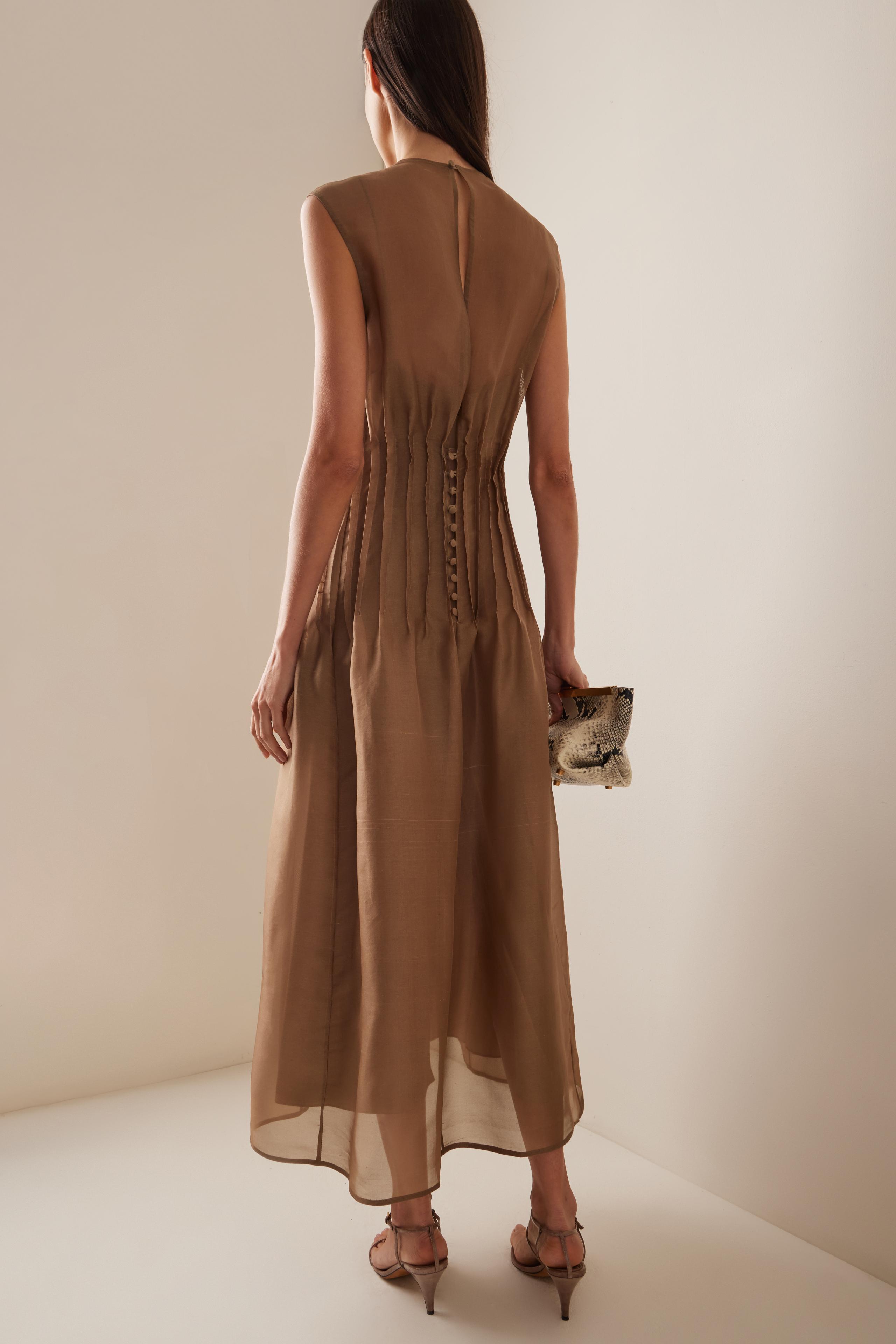 Toothpick Pleat Round Neck Sleeveless Midi Dress