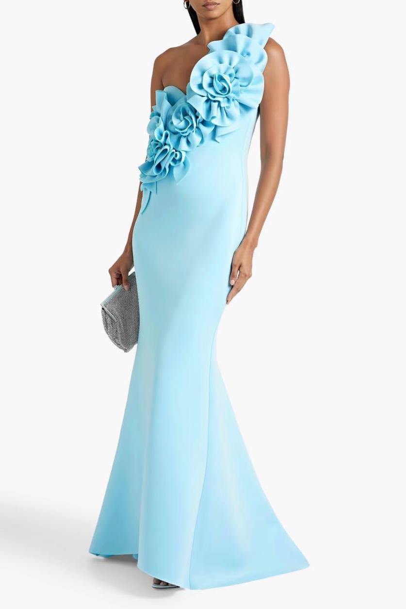 3D Flower Solid One-Shoulder Maxi Dress