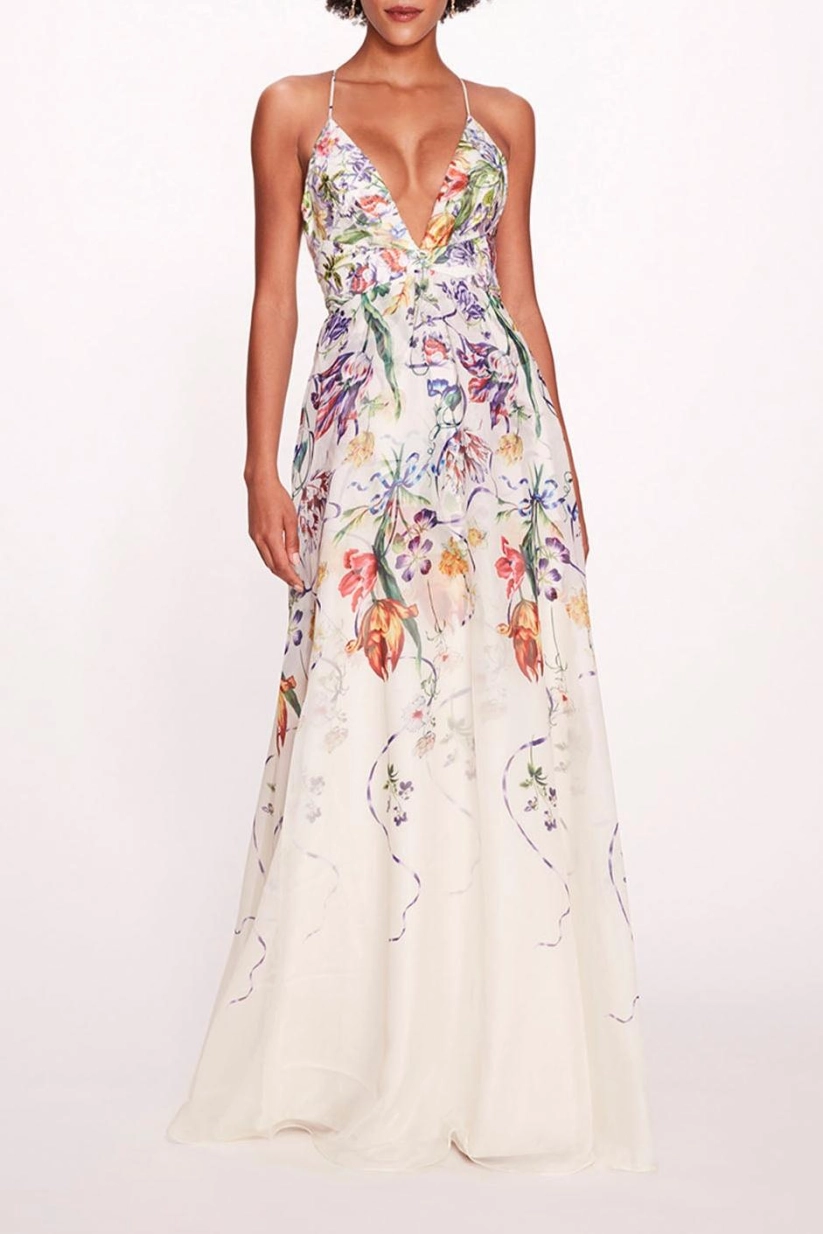 Floral V-Neck Backless Maxi Dress