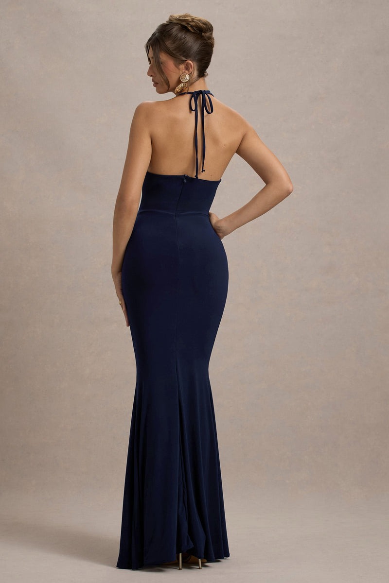 Navy Cowl-Neck Wrap Maxi Dress With Floral Drape