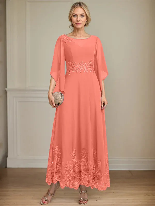 A-line Scoop Illusion Ankle-Length Lace Chiffon Mother of the Bride Dress With Sequins