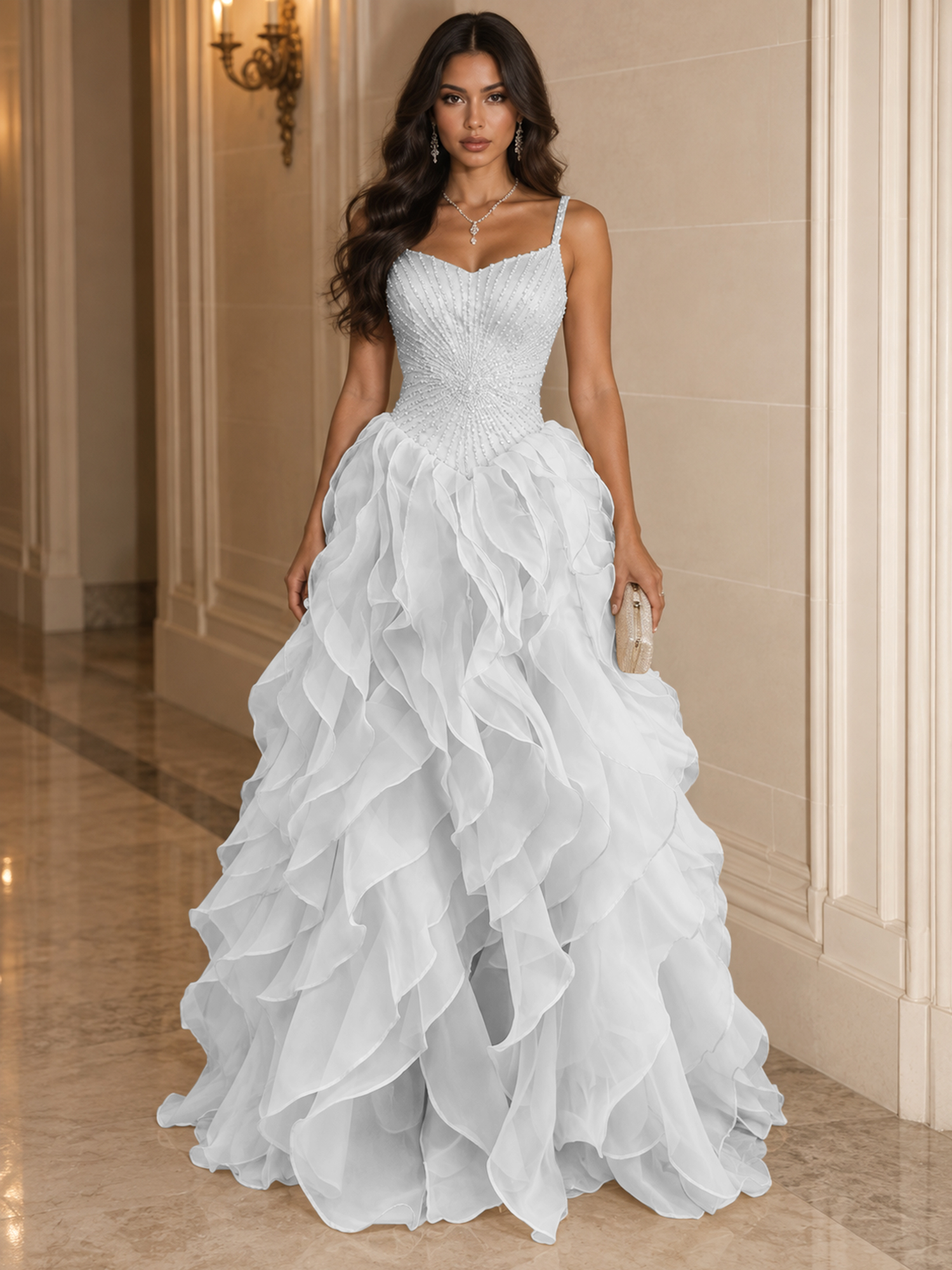 Spaghetti Straps Pleated Luxurious Maxi Evening Dresses with Beadings