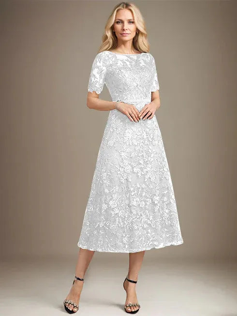 A-line Scoop Illusion Tea-Length Lace Mother of the Bride Dress With Sequins