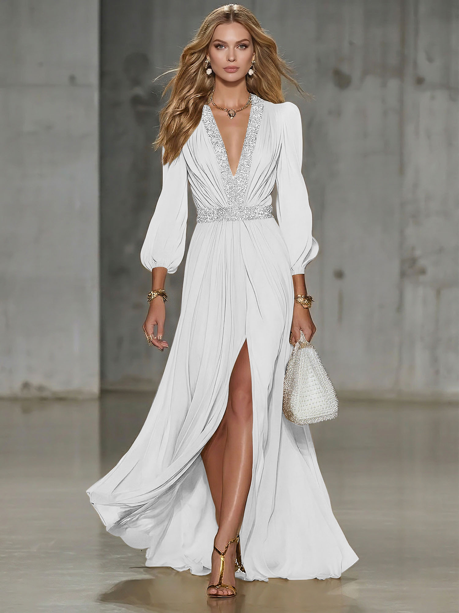 Elegant Beige Chiffon V-neck With Rhinestone Embellishments And A Side Slit Maxi Dress