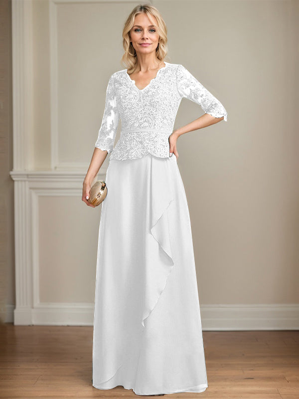 A-line V-Neck Floor-Length Lace Chiffon Mother of the Bride Dress With Cascading Ruffles Sequins
