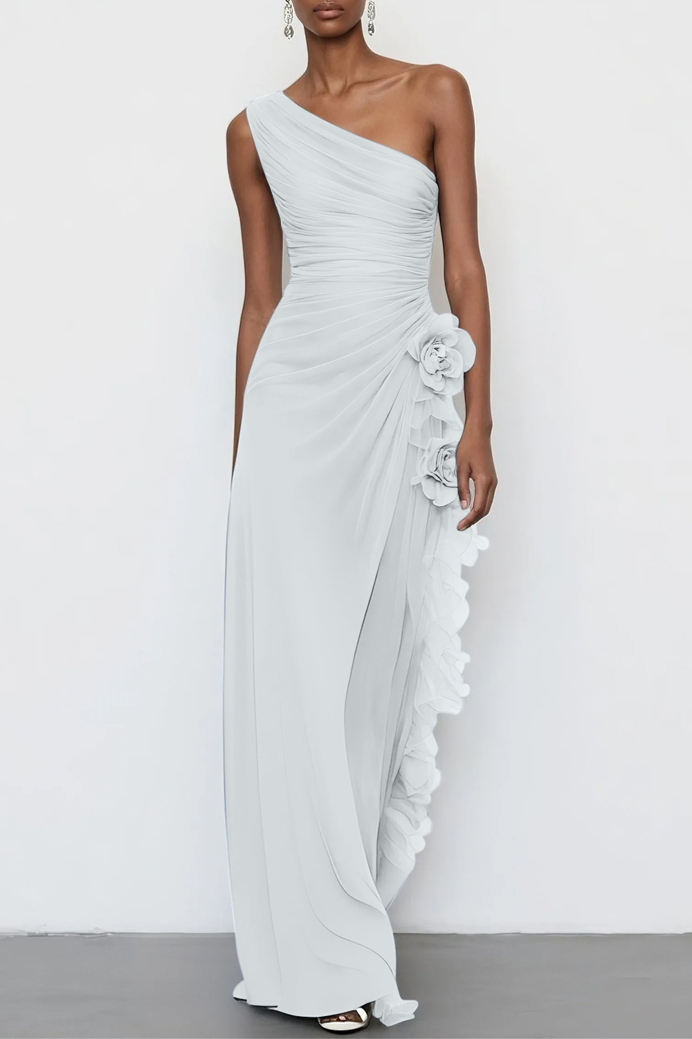 3D Floral Chiffon One Shoulder Sleeveless Sheath Maxi Dress