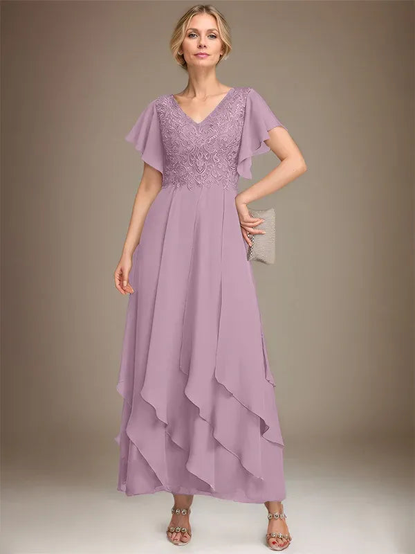 A-line V-Neck Ankle-Length Lace Chiffon Mother of the Bride Dress With Cascading Ruffles