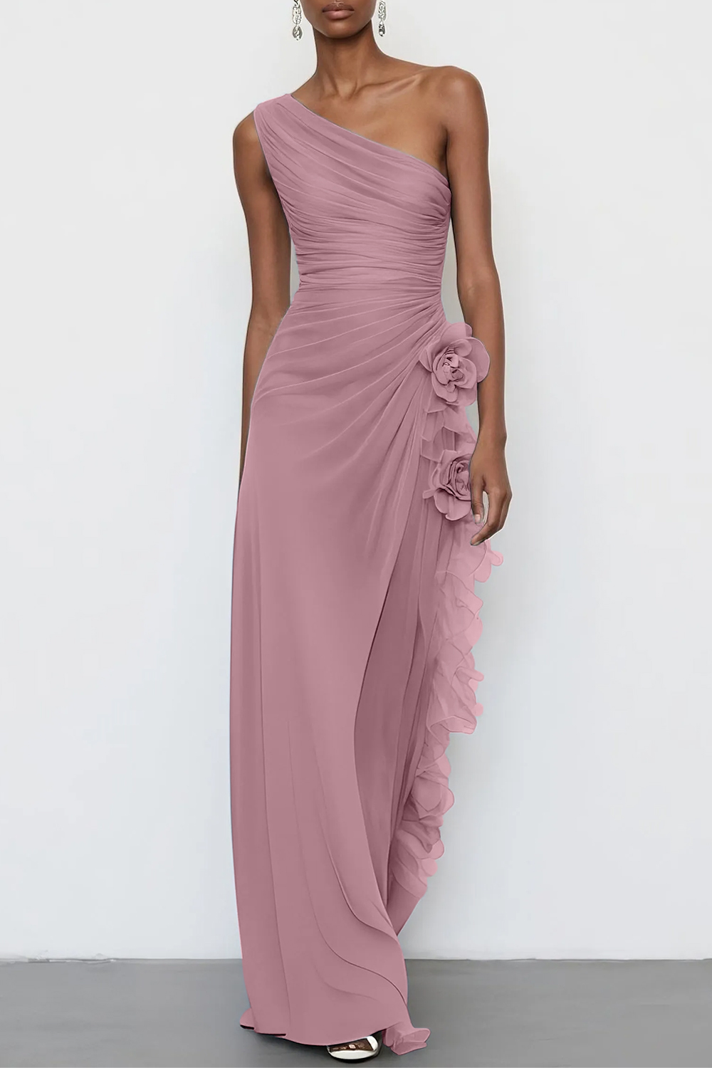 3D Floral Chiffon One Shoulder Sleeveless Sheath Maxi Dress