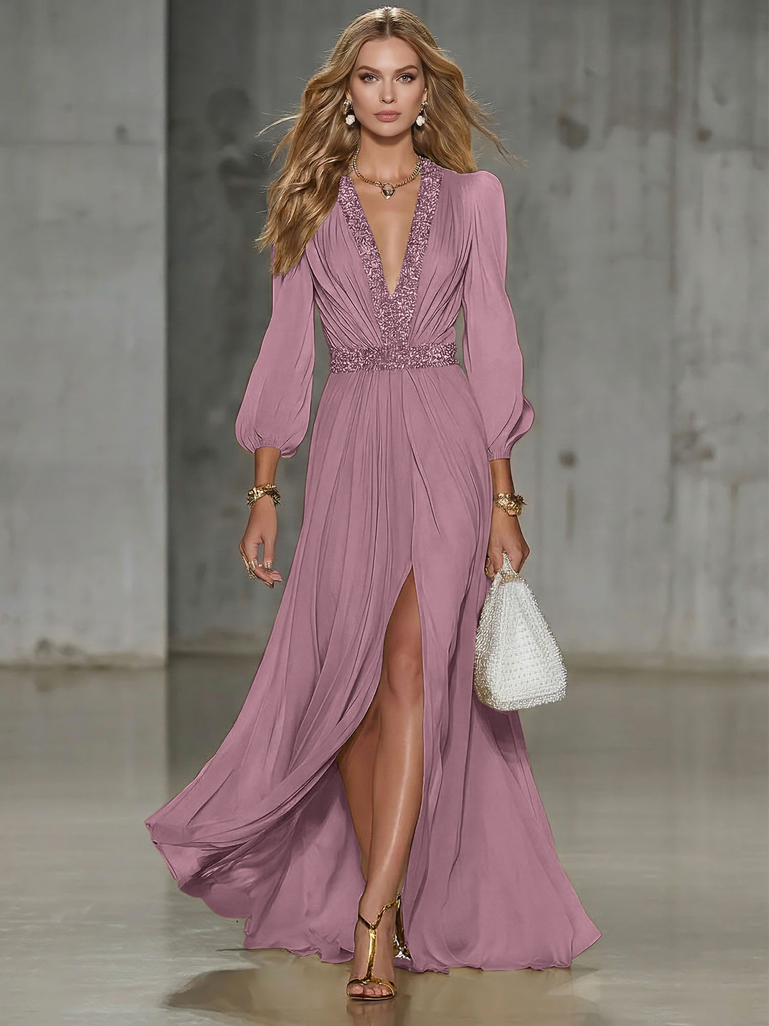 Elegant Beige Chiffon V-neck With Rhinestone Embellishments And A Side Slit Maxi Dress