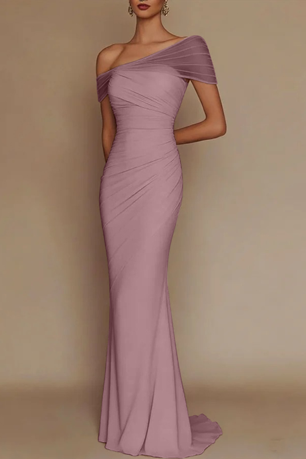 Blush Pink One-Shoulder Mesh-Patched Pleated Mermaid Maxi Dress