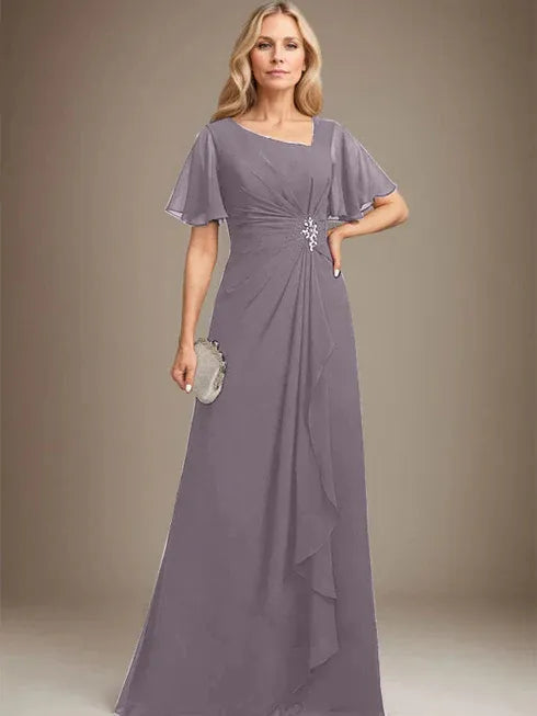 A-line Asymmetrical Floor-Length Chiffon Mother of the Bride Dress With Pleated Beading Sequins
