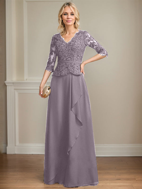 A-line V-Neck Floor-Length Lace Chiffon Mother of the Bride Dress With Cascading Ruffles Sequins