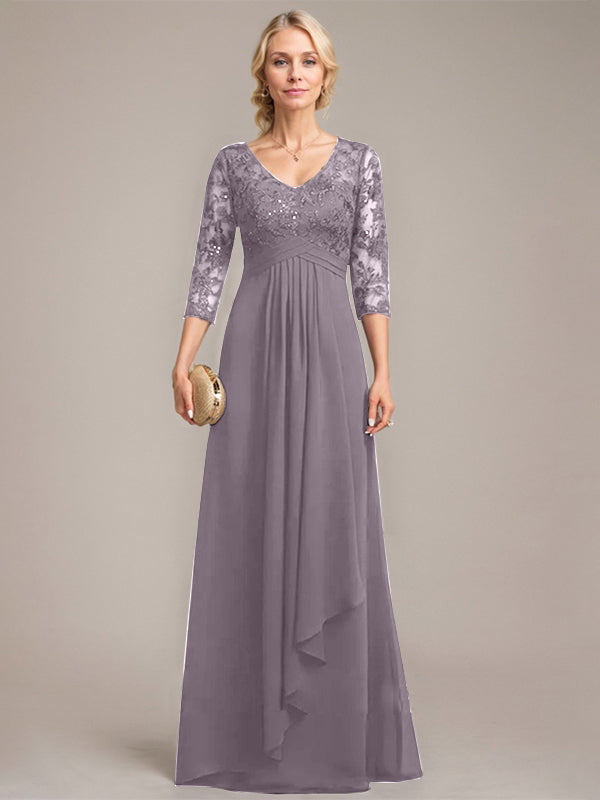 A-line V-Neck Floor-Length Lace Chiffon Mother of the Bride Dress With Cascading Ruffles Sequins
