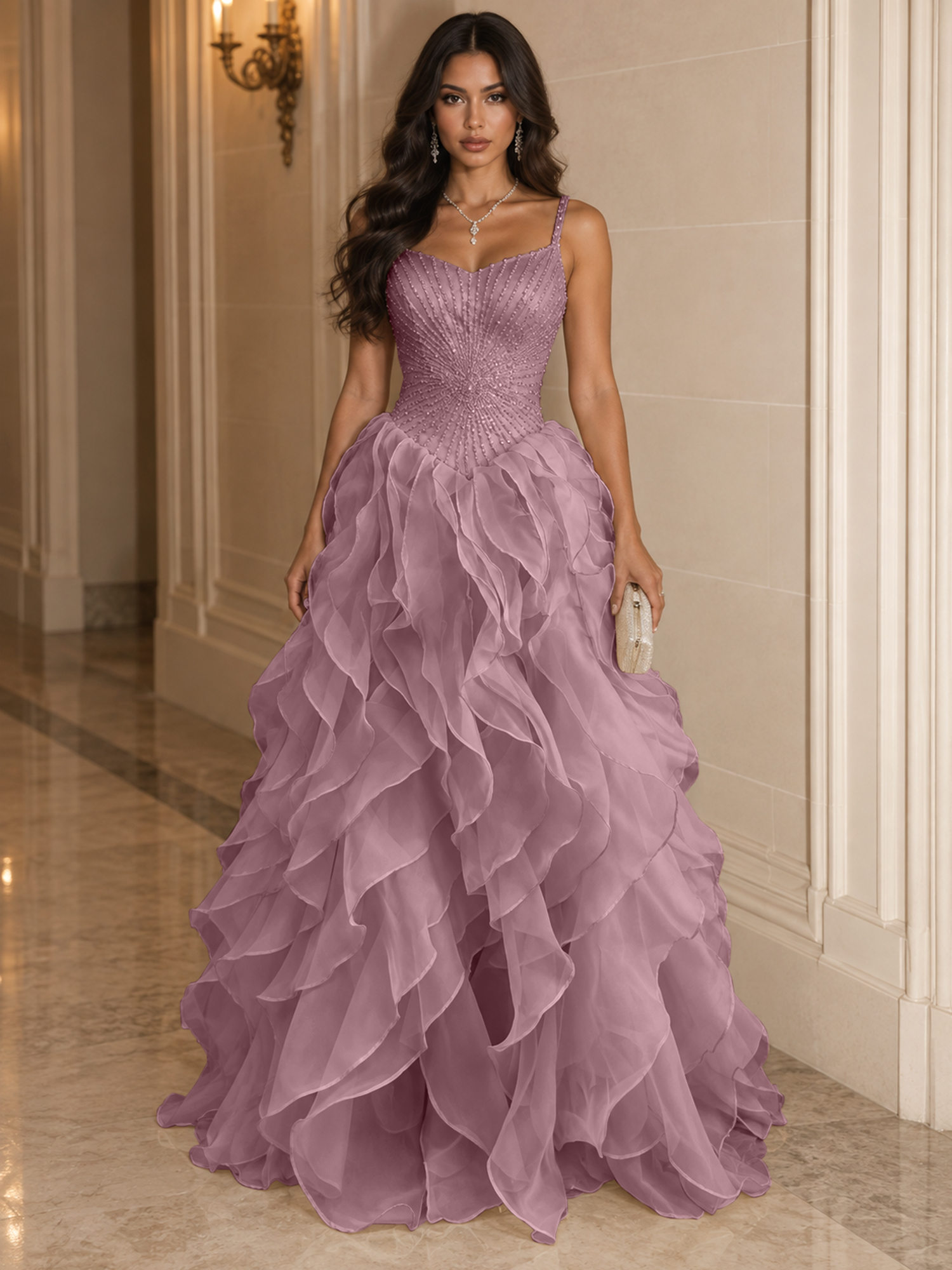 Spaghetti Straps Pleated Luxurious Maxi Evening Dresses with Beadings