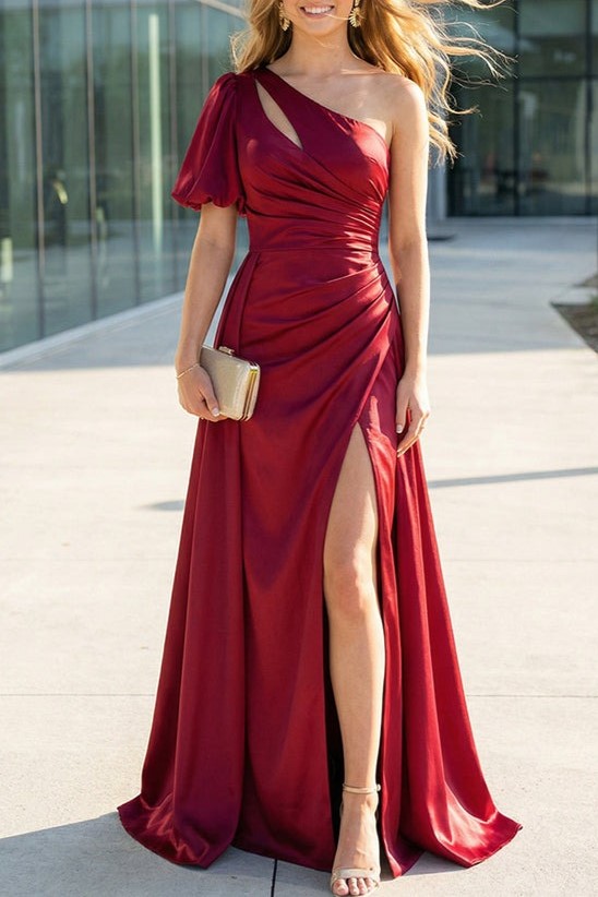 Satin One Shoulder Pleats A-Line Prom Dresses with Slit Wedding Guest Dresses