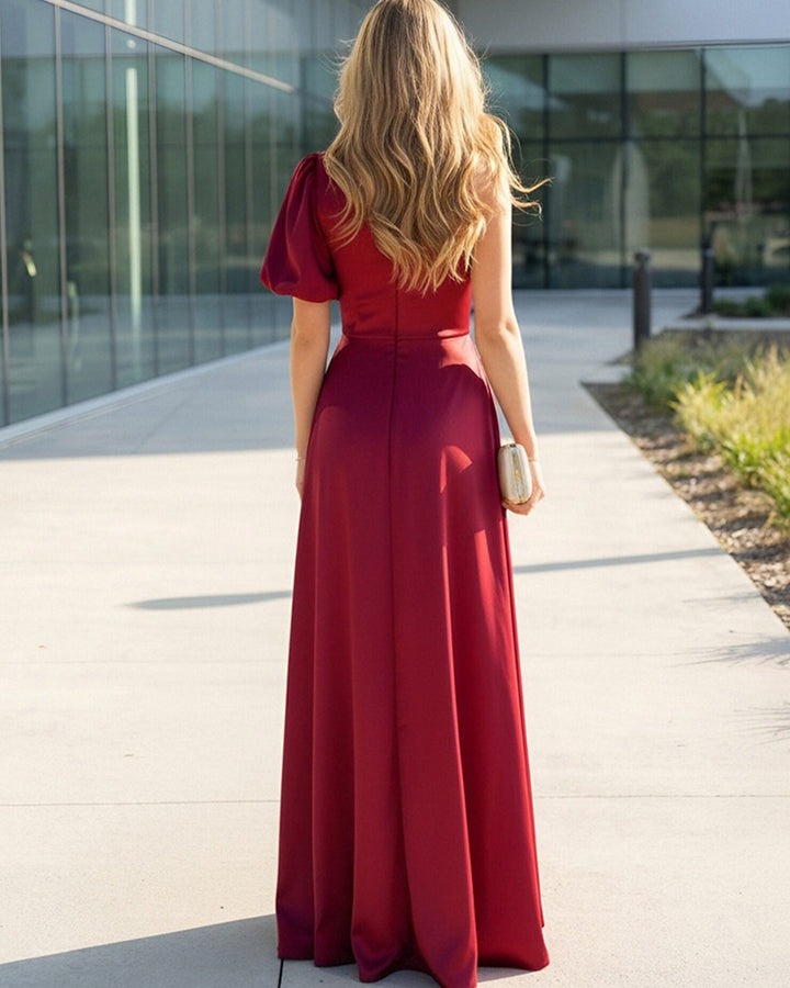 Satin One Shoulder Pleats A-Line Prom Dresses with Slit Wedding Guest Dresses