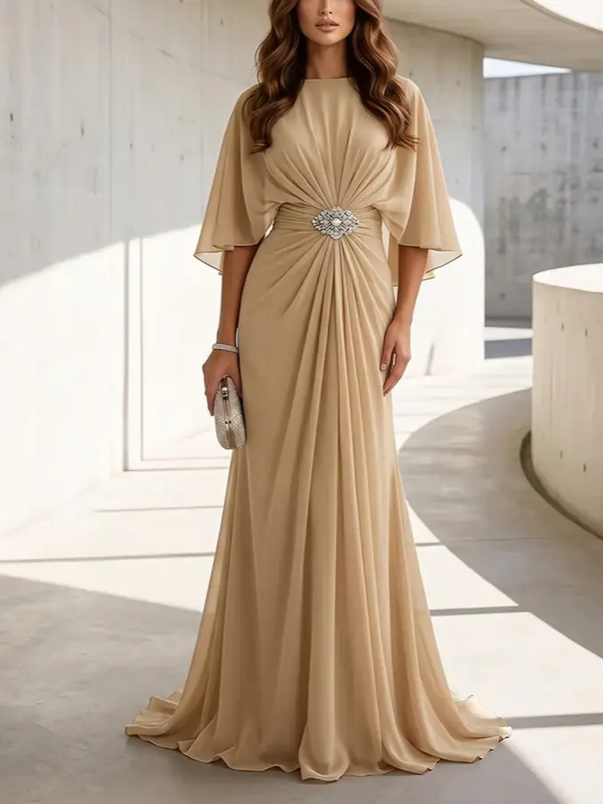 Chiffon A Line Scoop Neck Ruched High Waist Formal Dresses
