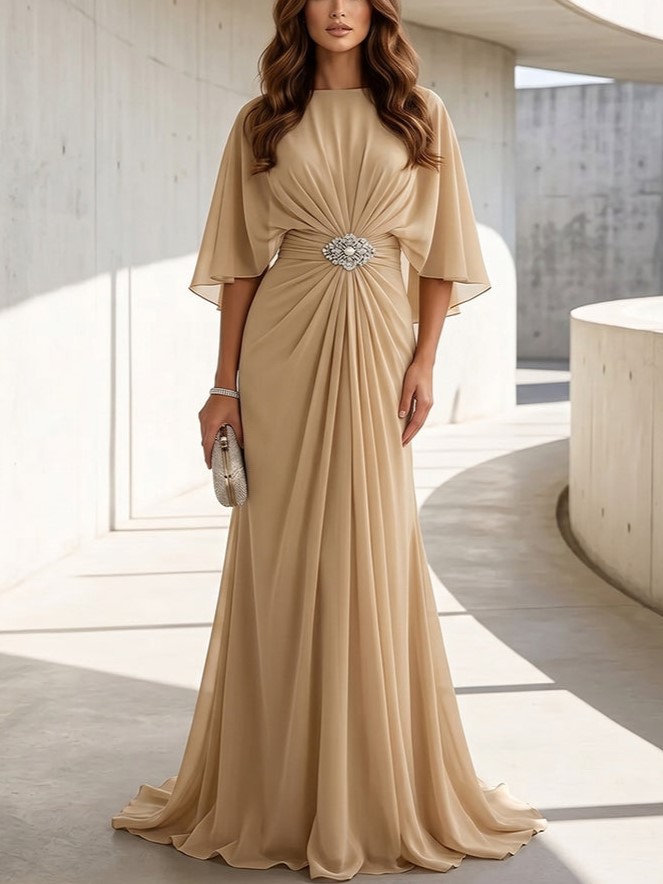 Chiffon A Line Scoop Neck Ruched High Waist Formal Dresses