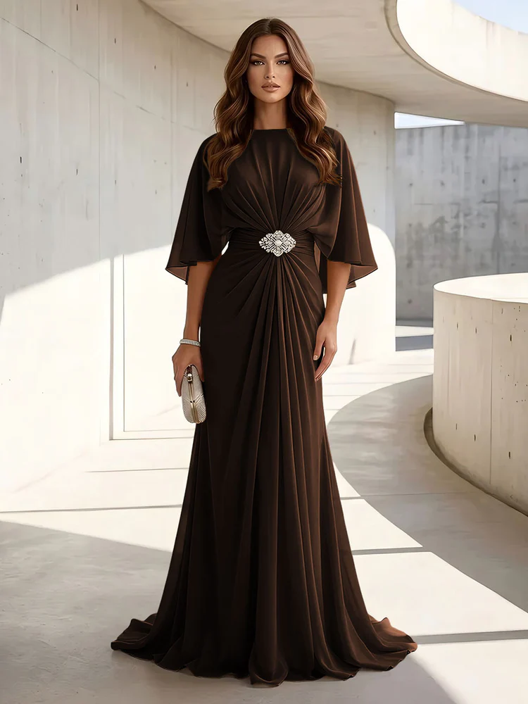Chiffon A Line Scoop Neck Ruched High Waist Formal Dresses