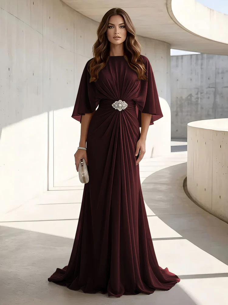 Chiffon A Line Scoop Neck Ruched High Waist Formal Dresses
