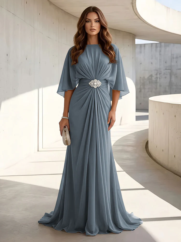 Chiffon A Line Scoop Neck Ruched High Waist Formal Dresses