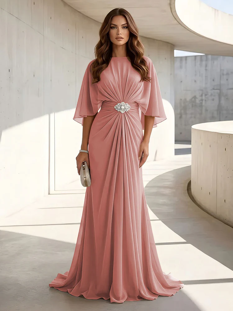 Chiffon A Line Scoop Neck Ruched High Waist Formal Dresses
