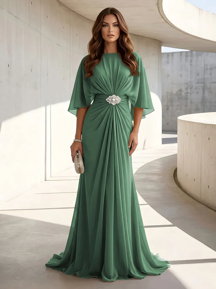 Chiffon A Line Scoop Neck Ruched High Waist Formal Dresses