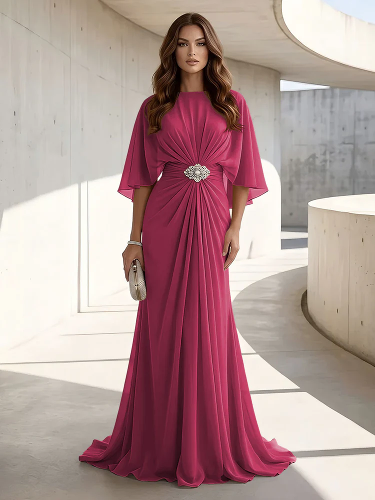 Chiffon A Line Scoop Neck Ruched High Waist Formal Dresses