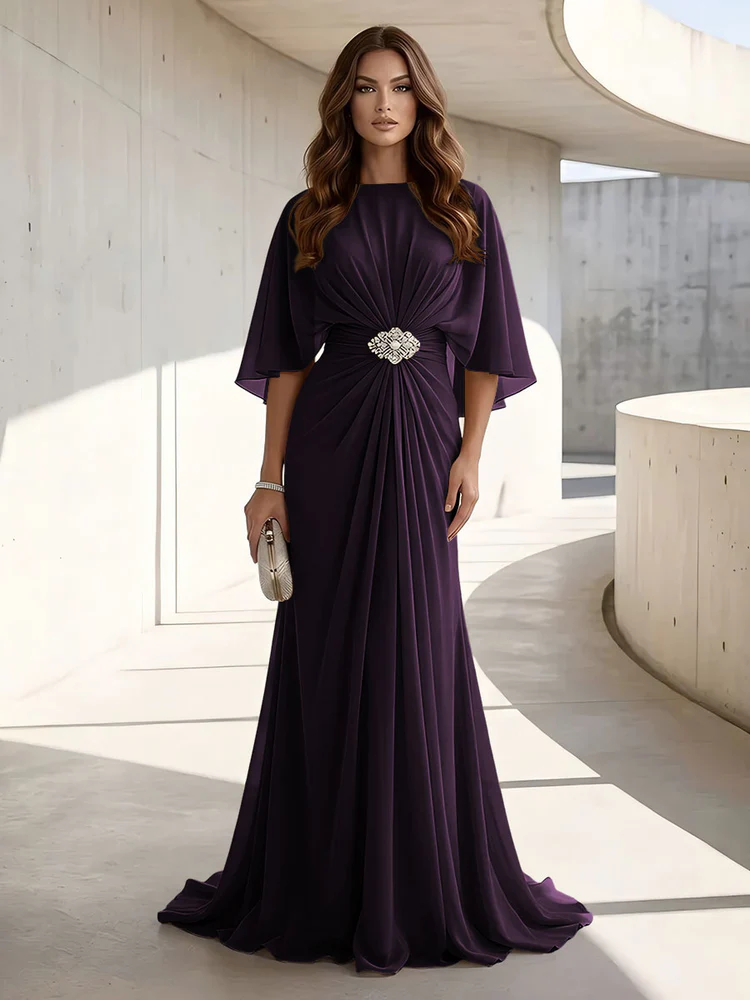 Chiffon A Line Scoop Neck Ruched High Waist Formal Dresses
