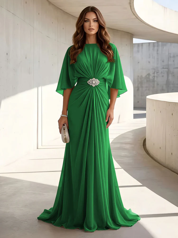 Chiffon A Line Scoop Neck Ruched High Waist Formal Dresses