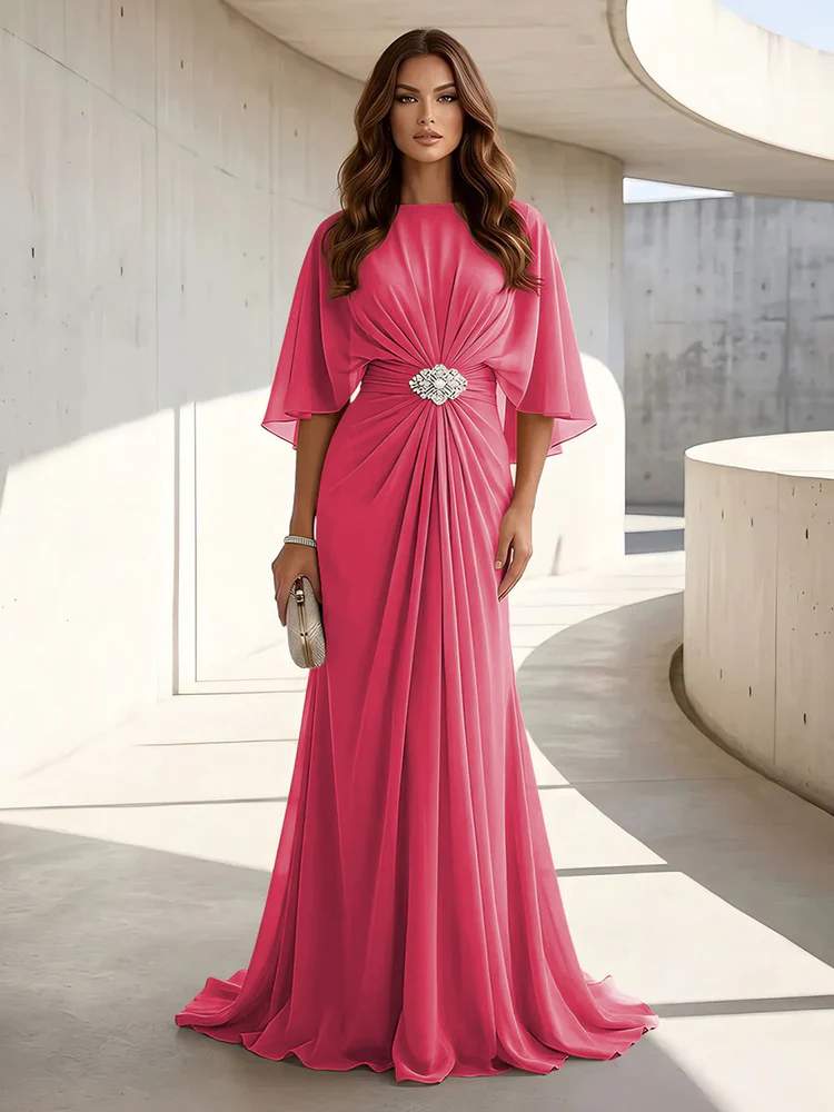Chiffon A Line Scoop Neck Ruched High Waist Formal Dresses
