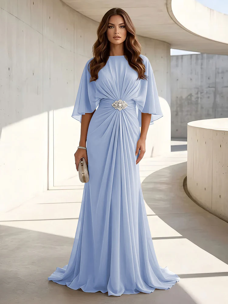 Chiffon A Line Scoop Neck Ruched High Waist Formal Dresses
