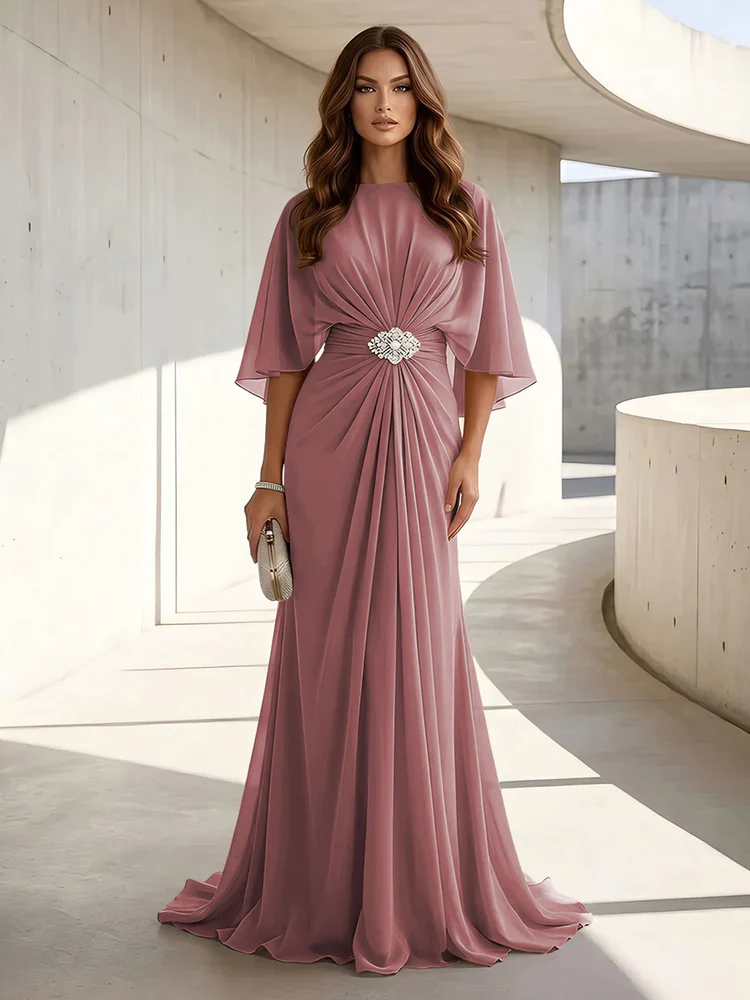 Chiffon A Line Scoop Neck Ruched High Waist Formal Dresses