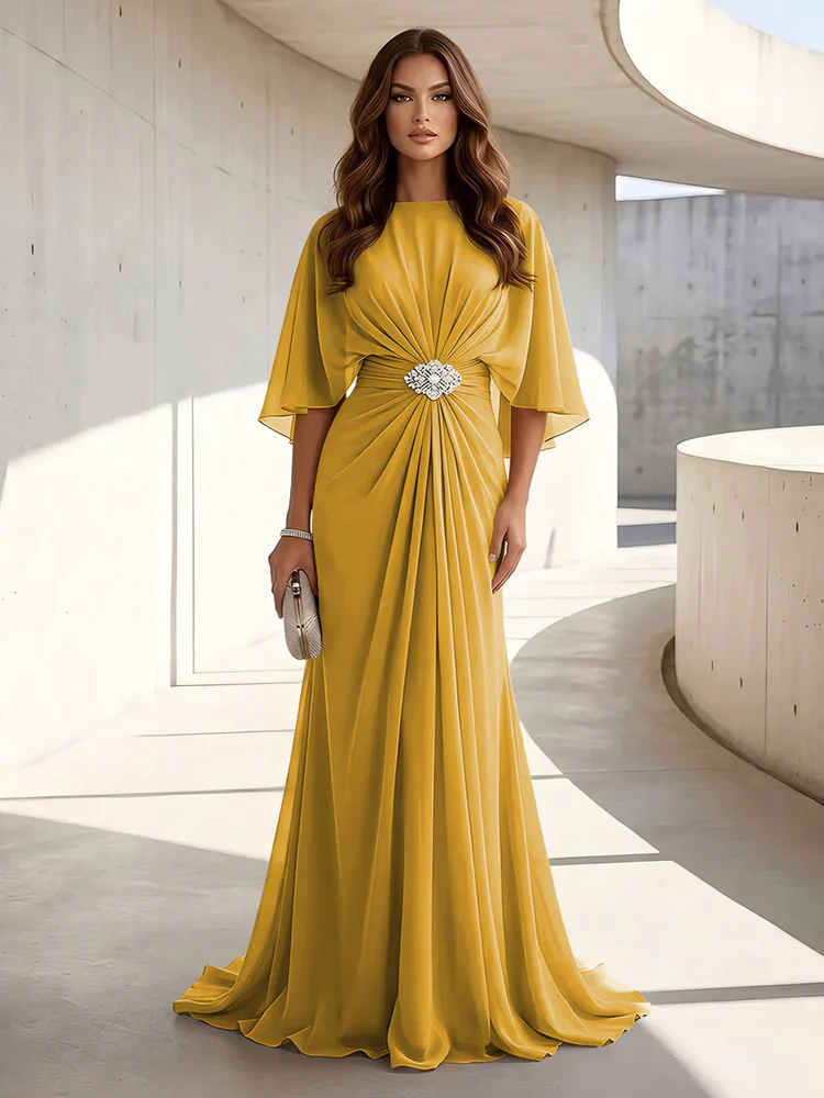 Chiffon A Line Scoop Neck Ruched High Waist Formal Dresses
